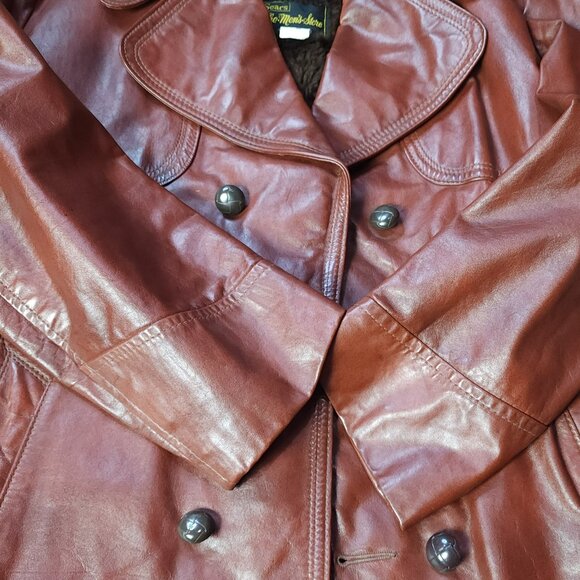 Vintage 70s Mens Sears Long Leather Red Coat Winter Lining (L-40) - Picture 8 of 12